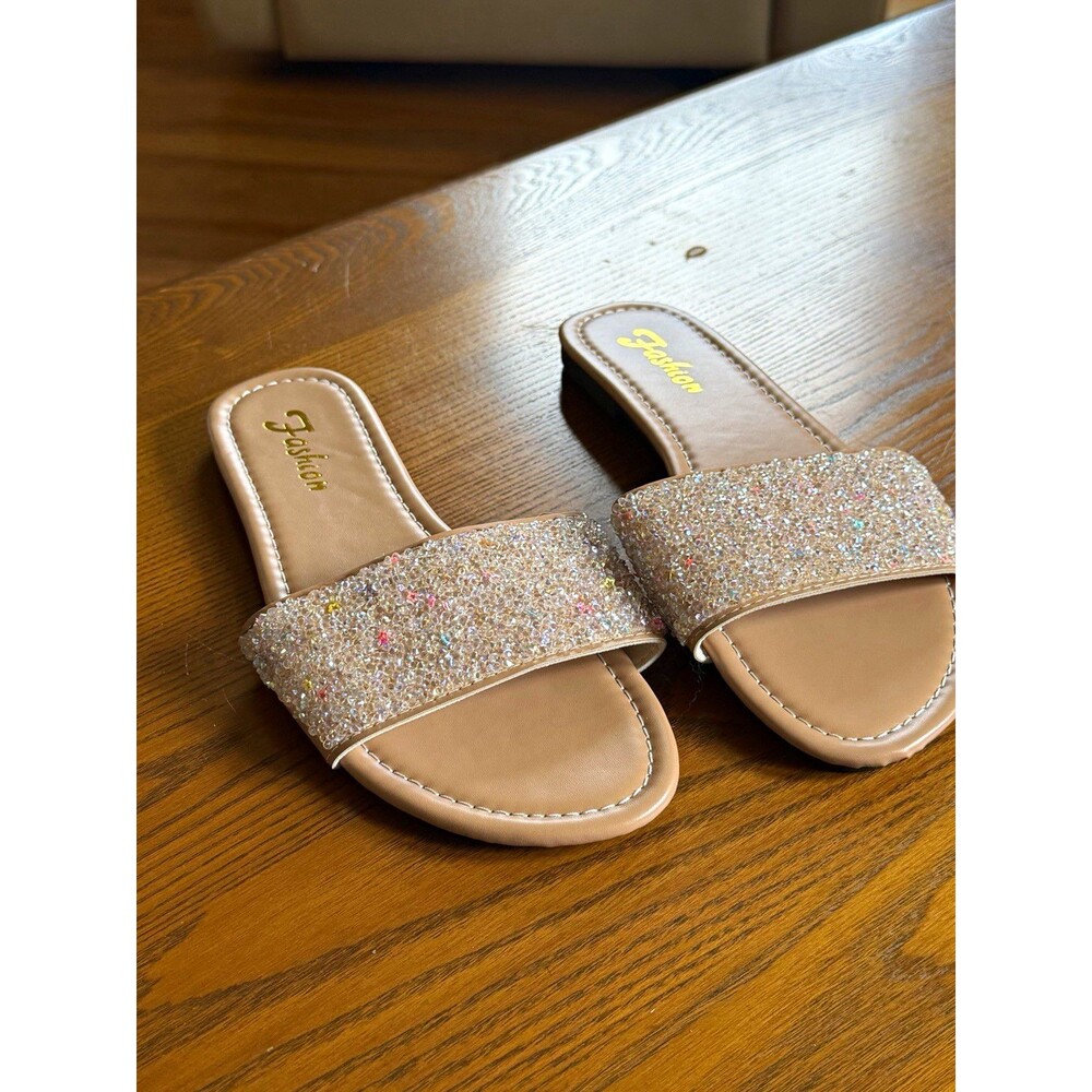 Fashion Women's Beige Glitter Slide Sandals Slip On Straps Synthetic EU 41